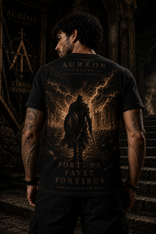 Auréon Arcane™ | Verses Division | Fortuna Favet Fortibus | Men's All-Over Print Tee | AA-VRS-FFF-OBR-MTS-701