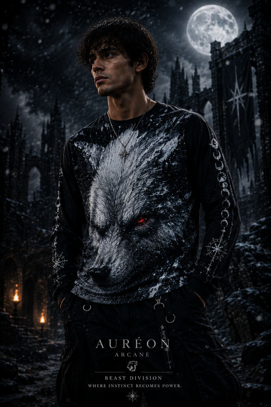 AURÉON ARCANE — Dire Wolf: The Last Howl | Beast Division | Men's Long Sleeve Tee | AA-BD-DW-M-LT-AOP-D01