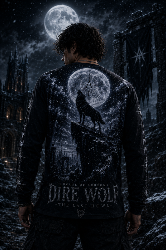 AURÉON ARCANE — Dire Wolf: The Last Howl | Beast Division | Men's Long Sleeve Tee | AA-BD-DW-M-LT-AOP-D01