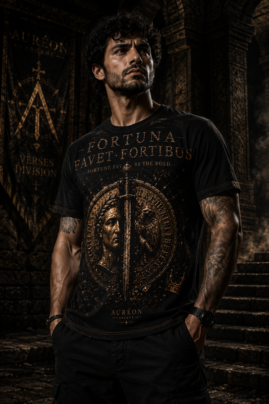 Auréon Arcane™ | Verses Division | Fortuna Favet Fortibus | Men's All-Over Print Tee | AA-VRS-FFF-OBR-MTS-701