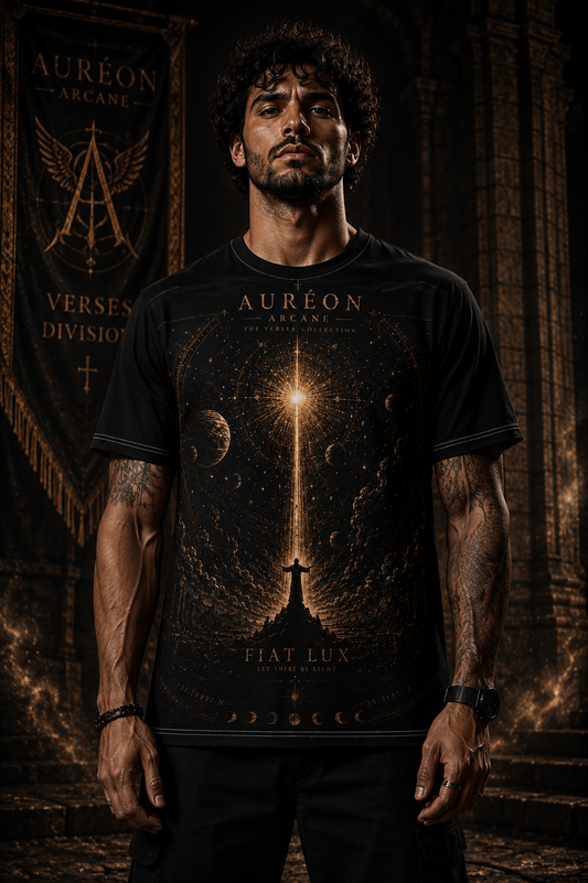 AURÉON ARCANE™ | VERSES COLLECTION | FIAT LUX – PREMIUM UNISEX GRAPHIC TEE | AA-VRS-FLX-OBR-UTS-701