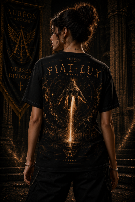 AURÉON ARCANE™ | VERSES COLLECTION | FIAT LUX – PREMIUM UNISEX GRAPHIC TEE | AA-VRS-FLX-OBR-UTS-701