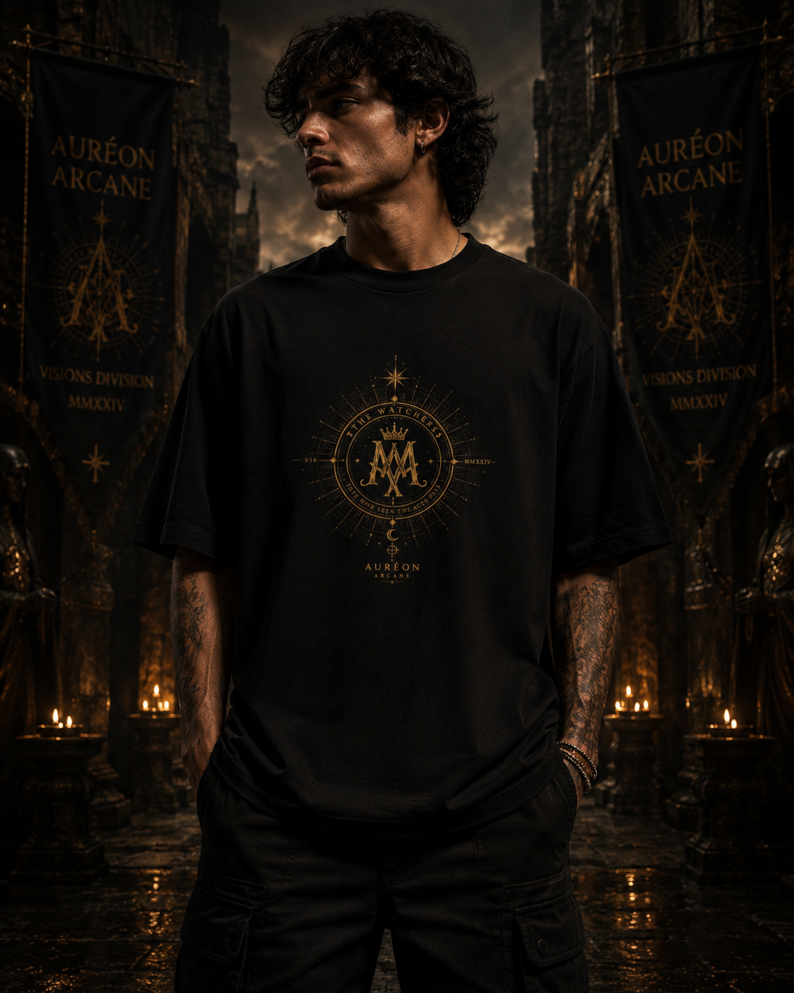 AURÉON ARCANE – The Watchers | Visions Division | Box Fit Drop Shoulder Tee (Men's) | AA-VD-MDBS-WATCHERS-V16-BLK-M-701