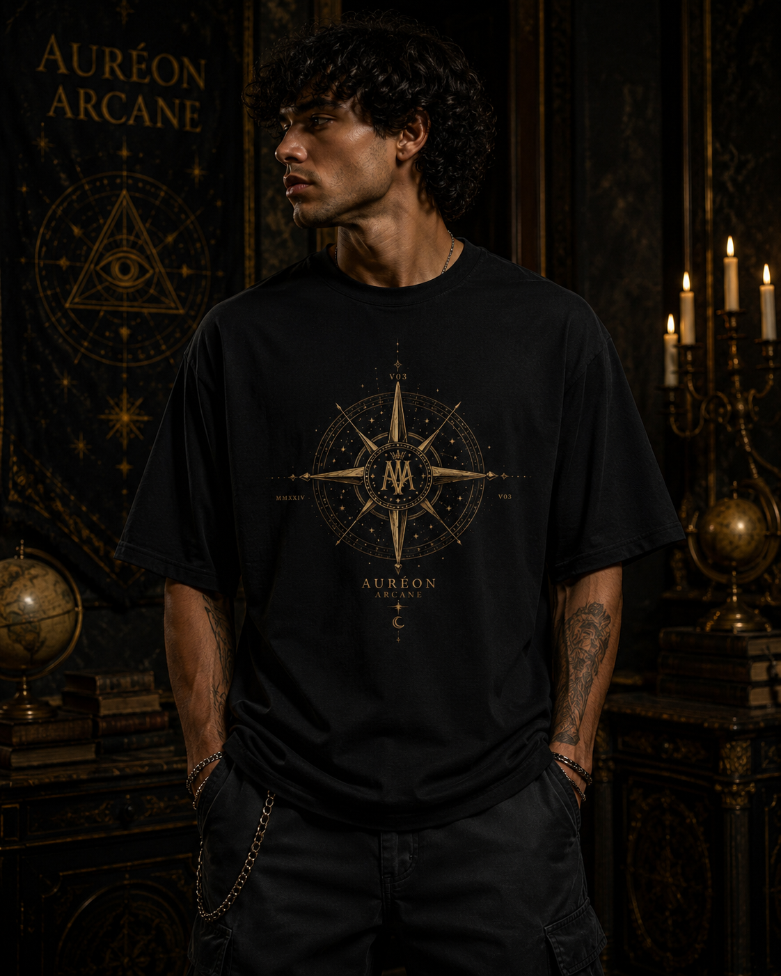 AURÉON ARCANE | VISIONS | CELESTIAL COMPASS OVERSIZED TEE | MEN'S | AA-VD-CCT-BLK-M-701