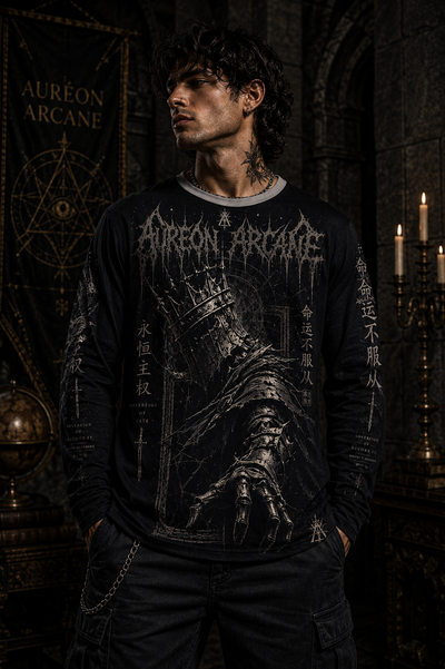 AURÉON ARCANE | SOVEREIGN — I BECOME IT. MEN'S AOP LONG SLEEVE TEE | AA-SOV-LS-008-BLK-D-701