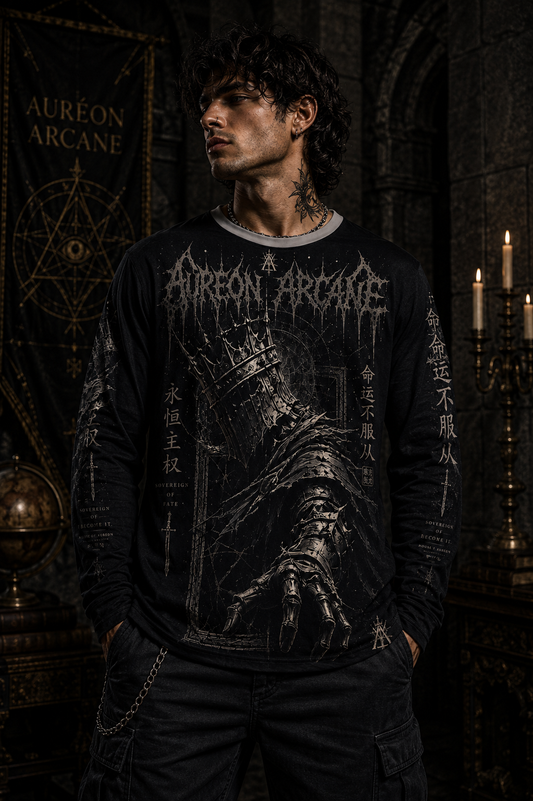 AURÉON ARCANE | SOVEREIGN — I BECOME IT. MEN'S AOP LONG SLEEVE TEE | AA-SOV-LS-008-BLK-D-701
