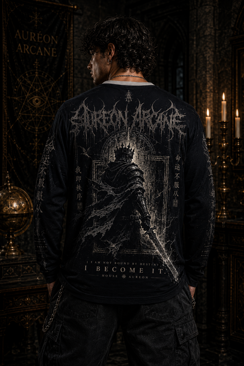 AURÉON ARCANE | SOVEREIGN — I BECOME IT. MEN'S AOP LONG SLEEVE TEE | AA-SOV-LS-008-BLK-D-701