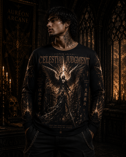 AURÉON ARCANE SOVEREIGN – CELESTIAL JUDGMENT AOP MEN'S LONG SLEEVE | AA-SOV-LS-CJ-M-D-701