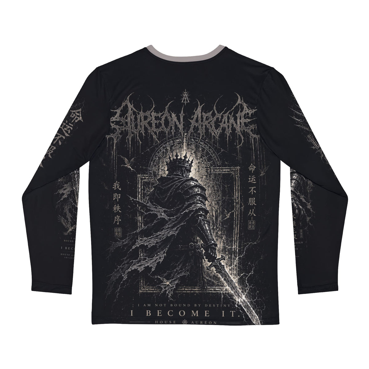 AURÉON ARCANE | SOVEREIGN — I BECOME IT. MEN'S AOP LONG SLEEVE TEE | AA-SOV-LS-008-BLK-D-701
