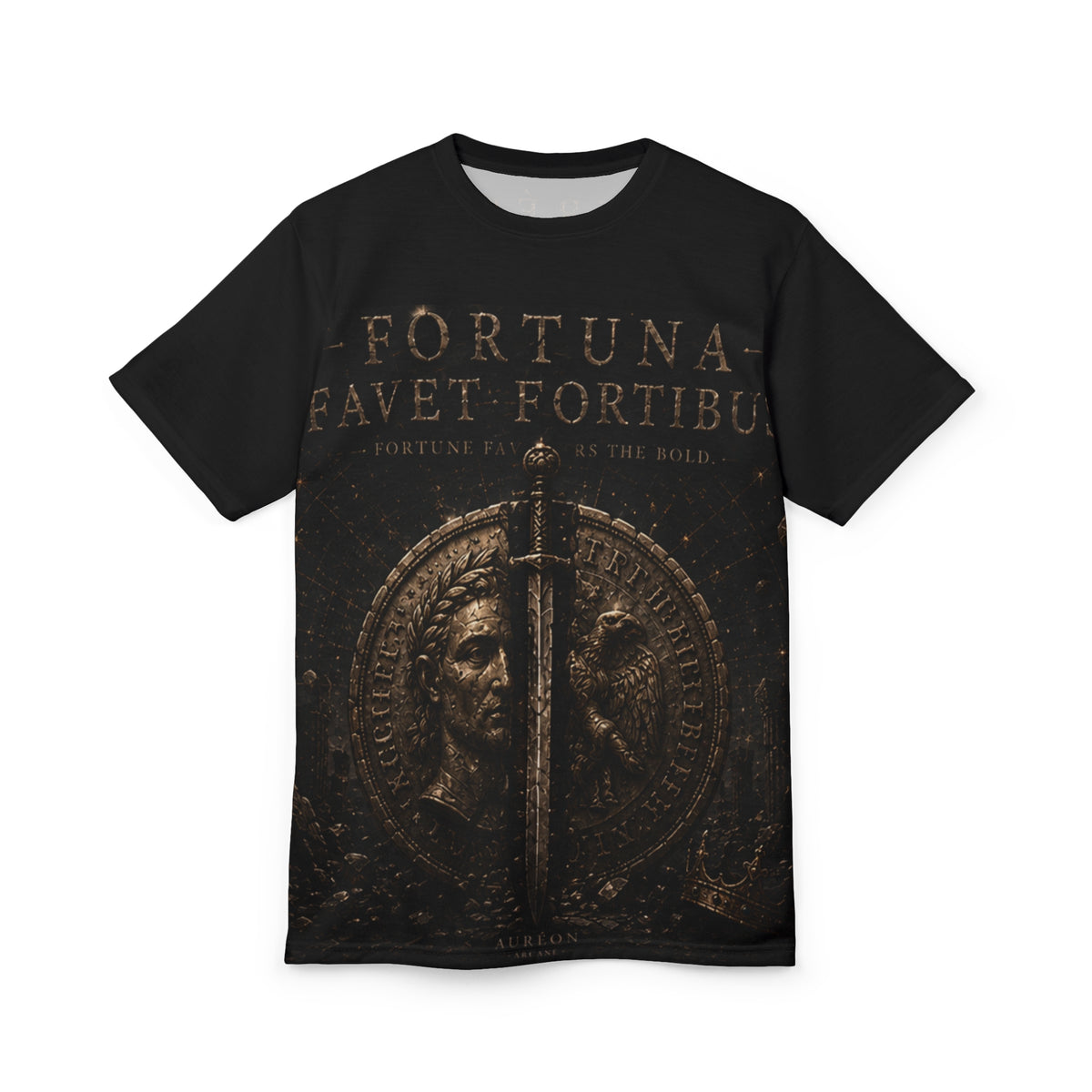 Auréon Arcane™ | Verses Division | Fortuna Favet Fortibus | Men's All-Over Print Tee | AA-VRS-FFF-OBR-MTS-701